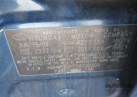 2005 Hyundai Sonata Gls/Lx из США, поврежденный, VIN KMHWF35H55A100309